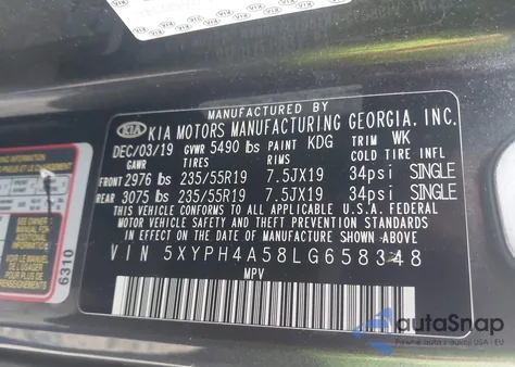 2020 Kia Sorento 3.3L Ex из США, поврежденный, VIN 5XYPH4A58LG658348